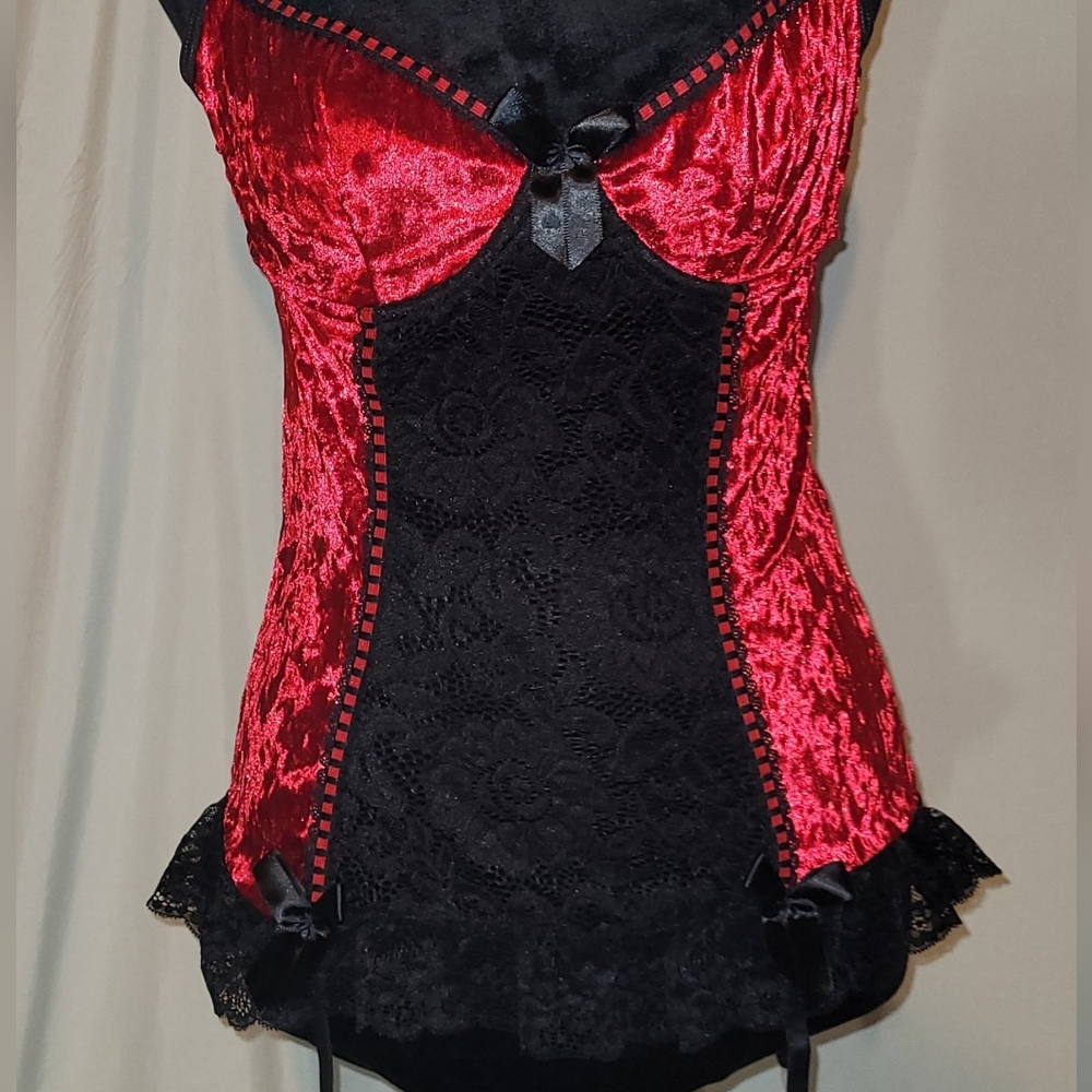Red Crushed Velvet/Velour and Black Lace Bustier Top With Hose Clips,  Medium